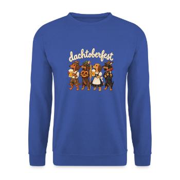 Dackel in Tracht mit Bier & Brezel - Unisex Pullover - Royalblau - Vorne - Alina (178cm) & Michal (187cm)