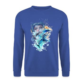 Watercolor: 3 dolphins with scuba diver - Unisex Sweatshirt - royal blue - Front - Alina (178cm) & Michal (187cm)