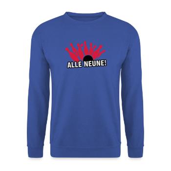 Kegeln - Alle Neune! Kegelshirt - Unisex Pullover - Royalblau - Vorne - Alina (178cm) & Michal (187cm)