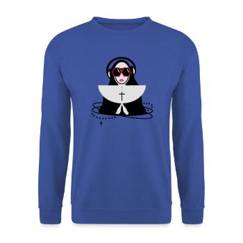 Nonne mit Sonnenbrille und Kopfhörer - Unisex Pullover - Royalblau - Vorne - Alina (178cm) & Michal (187cm)
