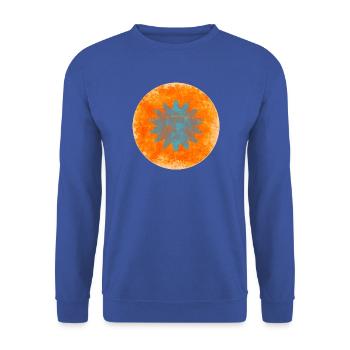 Abstrakter Blumentrench in Orange und Blau - Unisex Pullover - Royalblau - Vorne - Alina (178cm) & Michal (187cm)