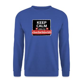 KeepCalm und Schweizerdeutsch - Unisex Pullover - Royalblau - Vorne - Alina (178cm) & Michal (187cm)