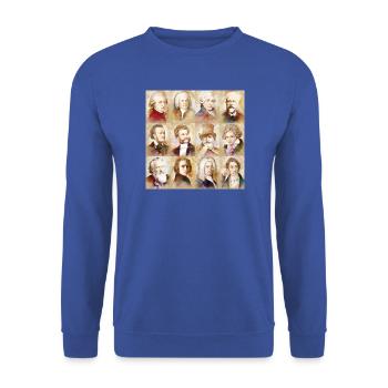 12 Komponisten: Mozart, Bach, Beethoven und mehr - Unisex Pullover - Royalblau - Vorne - Alina (178cm) & Michal (187cm)