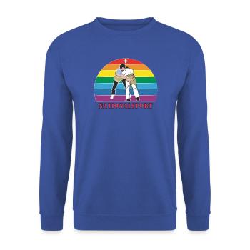 Schweizer Schwinger Schwingen im Vintage  Design - Unisex Pullover - Royalblau - Vorne - Alina (178cm) & Michal (187cm)