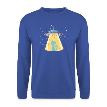 Humorvoller UFO-Katzen-Print - Unisex Pullover - Royalblau - Vorne - Alina (178cm) & Michal (187cm)