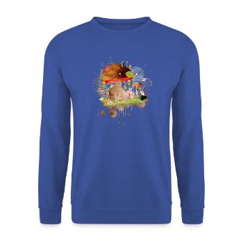 Zauberhaftes kleines Pilz Haus mit Zaun im Grünen - Unisex Pullover - Royalblau - Vorne - Alina (178cm) & Michal (187cm)