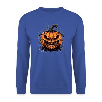 Gruselige Kürbismaske mit Dämonenblick - Unisex Pullover - Royalblau - Vorne - Alina (178cm) & Michal (187cm)