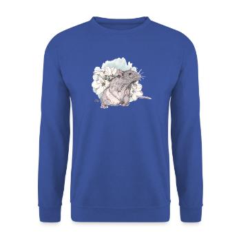 Ratte vor zarten Blumen auf Wasserfarbenklecks - Unisex Pullover - Royalblau - Vorne - Alina (178cm) & Michal (187cm)