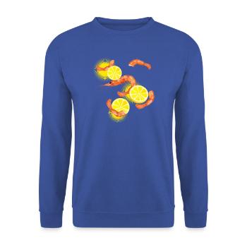 Garnelen oder Shrimps mit Zitronen Scheiben - Unisex Pullover - Royalblau - Vorne - Alina (178cm) & Michal (187cm)