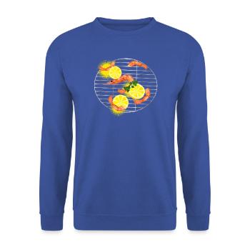 Garnelen oder Shrimps mit Zitronen auf Grillrost - Unisex Pullover - Royalblau - Vorne - Alina (178cm) & Michal (187cm)