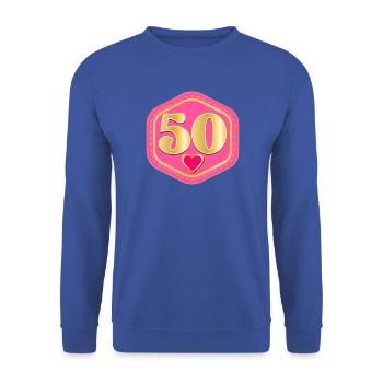 50. Geburtstag - FÜNFZIG - Unisex Pullover - Royalblau - Vorne - Alina (178cm) & Michal (187cm)