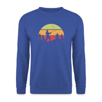 Fischer Retro Motiv mit Sonnenuntergang - Unisex Pullover - Royalblau - Vorne - Alina (178cm) & Michal (187cm)