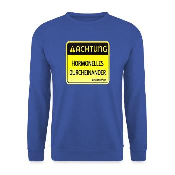 WECHSELJAHRE MENOPAUSE - ACHTUNG HORMONE - Unisex Pullover - Royalblau - Vorne - Alina (178cm) & Michal (187cm)