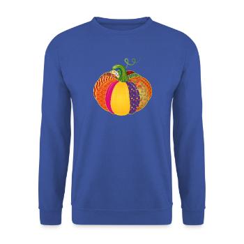 Patchwork Kürbis – Bunt gemusterte Herbstdeko - Unisex Pullover - Royalblau - Vorne - Alina (178cm) & Michal (187cm)