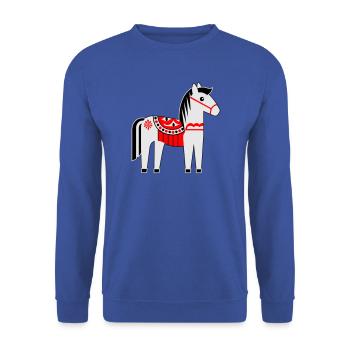 Buntes Dalapferd Skandi Design – Folk Art Motiv - Unisex Pullover - Royalblau - Vorne - Alina (178cm) & Michal (187cm)