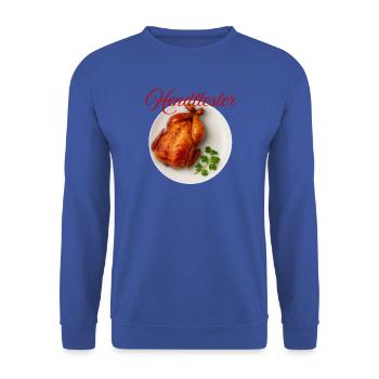 HendlHester Coq au Vin Illustration - Unisex Pullover - Royalblau - Vorne - Alina (178cm) & Michal (187cm)