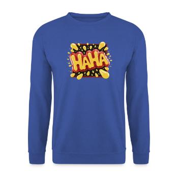 Lebhaftes Haha-Design im Comic-Stil - Unisex Pullover - Royalblau - Vorne - Alina (178cm) & Michal (187cm)