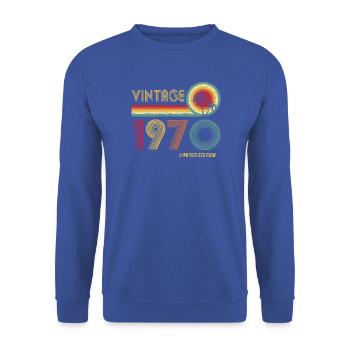 Vintage 1970er Retro-Kreisdesign - Unisex Pullover - Royalblau - Vorne - Alina (178cm) & Michal (187cm)