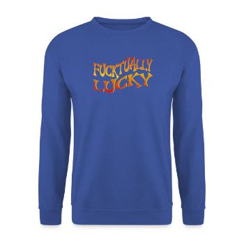 Fette Textkunst mit eckigem Schriftstil - Unisex Pullover - Royalblau - Vorne - Alina (178cm) & Michal (187cm)