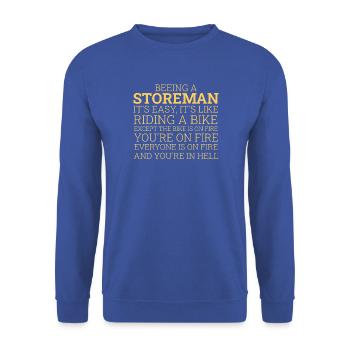 Storeman Riding A Bike - Unisex Pullover - Royalblau - Vorne - Alina (178cm) & Michal (187cm)