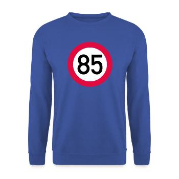 85. Geburtstag Achtung! Verkehrsschild 85 Km/h - Unisex Pullover - Royalblau - Vorne - Alina (178cm) & Michal (187cm)