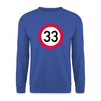 33. Geburtstag Achtung! Verkehrsschild 33 Km/h - Unisex Pullover - Royalblau - Vorne - Alina (178cm) & Michal (187cm)