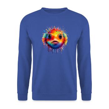 Farbexplosion Pufferfisch Kunstdruck - Unisex Pullover - Royalblau - Vorne - Alina (178cm) & Michal (187cm)