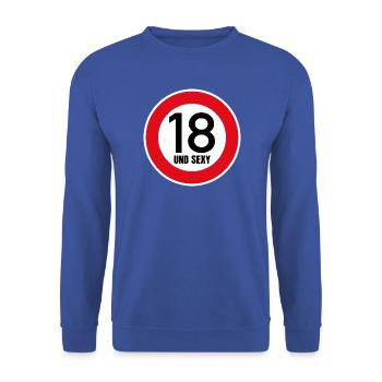 18. Geburtstag Sexy Schild Tempo 18 und Sexy 18 - Unisex Pullover - Royalblau - Vorne - Alina (178cm) & Michal (187cm)