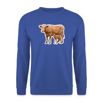 Kuh und Kalb – Polygon Art im modernen Stil - Unisex Pullover - Royalblau - Vorne - Alina (178cm) & Michal (187cm)