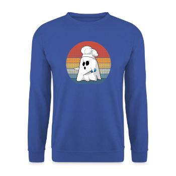 Retro Ghost Chef Kostüm für gruseligen Halloween-Spaß - Unisex Pullover - Royalblau - Vorne - Alina (178cm) & Michal (187cm)