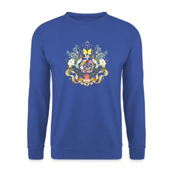 Magisches Kolibri-Blütenornament mit Goldakzenten - Unisex Pullover - Royalblau - Vorne - Alina (178cm) & Michal (187cm)