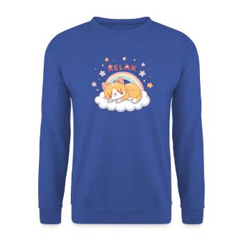 Entspanntes Kätzchen Regenbogen auf Wolke - Unisex Pullover - Royalblau - Vorne - Alina (178cm) & Michal (187cm)