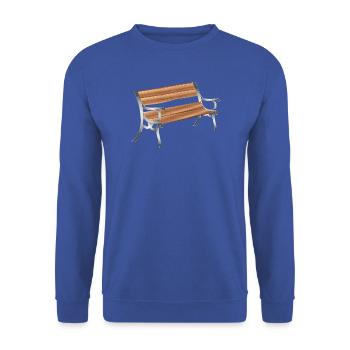 Vintage Holzbank mit Metallgestell Illustration - Unisex Pullover - Royalblau - Vorne - Alina (178cm) & Michal (187cm)