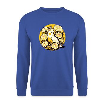 Sonnenbeschienener Nymphensittich in Ringelblumen - Unisex Pullover - Royalblau - Vorne - Alina (178cm) & Michal (187cm)