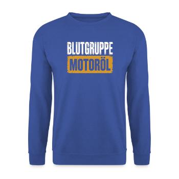 Blutgruppe Motoröl Schrauber Design - Unisex Pullover - Royalblau - Vorne - Alina (178cm) & Michal (187cm)
