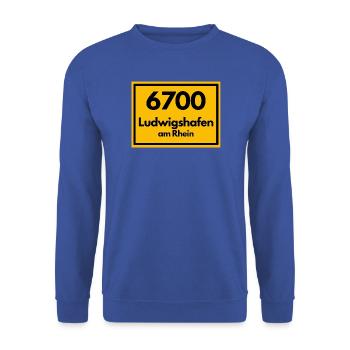 ALTE POSTLEITZAHL PLZ RETRO 6700 LUDWIGSHAFEN  - Unisex Pullover - Royalblau - Vorne - Alina (178cm) & Michal (187cm)