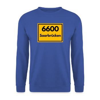 ALTE POSTLEITZAHL PLZ RETRO 6600 SAARBRÜCKEN SAAR - Unisex Pullover - Royalblau - Vorne - Alina (178cm) & Michal (187cm)