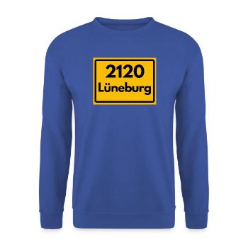 ALTE POSTLEITZAHL PLZ RETRO  2120 LÜNEBURG - HANSE - Unisex Pullover - Royalblau - Vorne - Alina (178cm) & Michal (187cm)