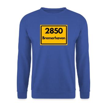 ALTE POSTLEITZAHL PLZ RETRO 2850 BREMERHAVEN  - Unisex Pullover - Royalblau - Vorne - Alina (178cm) & Michal (187cm)