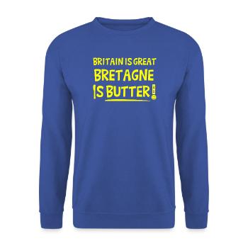 GROSSBRITANNIEN IST GROSSARTIG, BRETAGNE IST BUTTER! - Unisex Pullover - Royalblau - Vorne - Alina (178cm) & Michal (187cm)