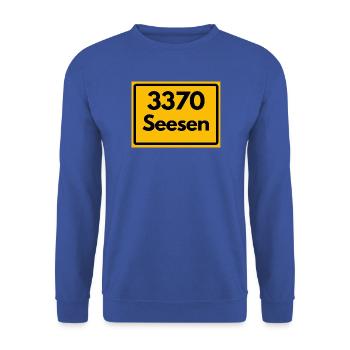 ALTE POSTLEITZAHL PLZ RETRO 3370 SEESEN HARZ - Unisex Pullover - Royalblau - Vorne - Alina (178cm) & Michal (187cm)
