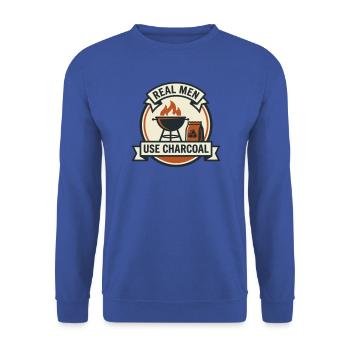 Puristisches Holzkohle-Barbecue - Unisex Pullover - Royalblau - Vorne - Alina (178cm) & Michal (187cm)