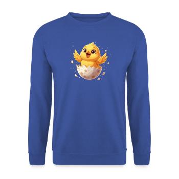 Küken aus dem Ei – Fröhlicher Aufbruch - Unisex Pullover - Royalblau - Vorne - Alina (178cm) & Michal (187cm)