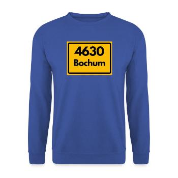 ALTE POSTLEITZAHL PLZ RETRO 4630 BOCHUM - Unisex Pullover - Royalblau - Vorne - Alina (178cm) & Michal (187cm)