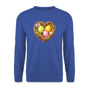 Herzförmiges Osternest mit Eiern - Unisex Pullover - Royalblau - Vorne - Alina (178cm) & Michal (187cm)