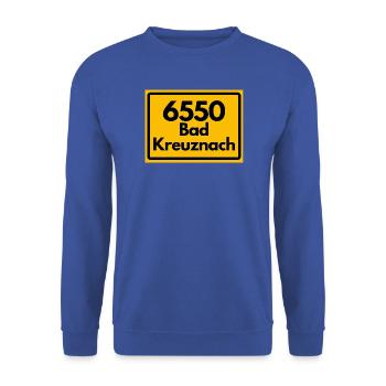 ALTE POSTLEITZAHL PLZ RETRO 6550 BAD KREUZNACH - Unisex Pullover - Royalblau - Vorne - Alina (178cm) & Michal (187cm)