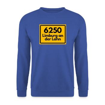 ALTE POSTLEITZAHL PLZ 6250 LIMBURG AN DER LAHN - Unisex Pullover - Royalblau - Vorne - Alina (178cm) & Michal (187cm)