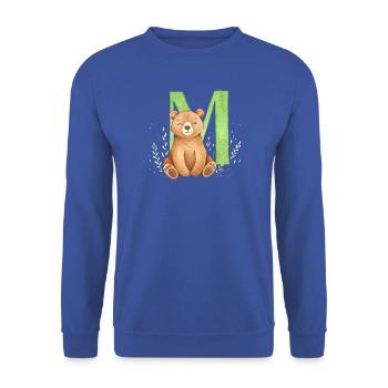 Bärchen vor grünem M – Aquarellstil - Unisex Pullover - Royalblau - Vorne - Alina (178cm) & Michal (187cm)