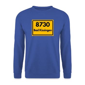 ALTE POSTLEITZAHL PLZ 8730 BAD KISSINGEN HEIMAT - Unisex Pullover - Royalblau - Vorne - Alina (178cm) & Michal (187cm)