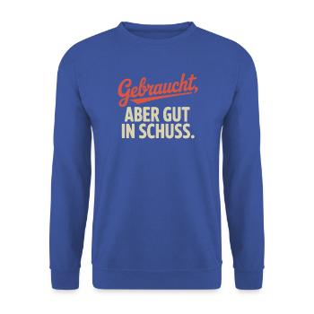 Gebraucht Aber Gut In Schuss Oldtimer Geburtstag - Unisex Pullover - Royalblau - Vorne - Alina (178cm) & Michal (187cm)